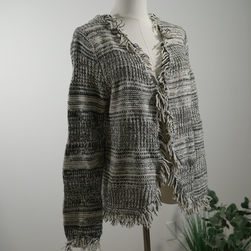 INC International Concepts Black White Marled Fringe Open Front Cardigan Sz 10